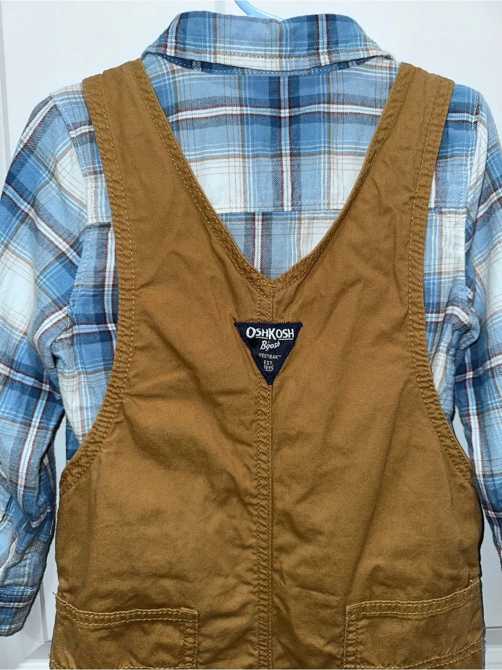 OshKosh Brown Kids Cotton Overalls with Blue Plaid Shirt